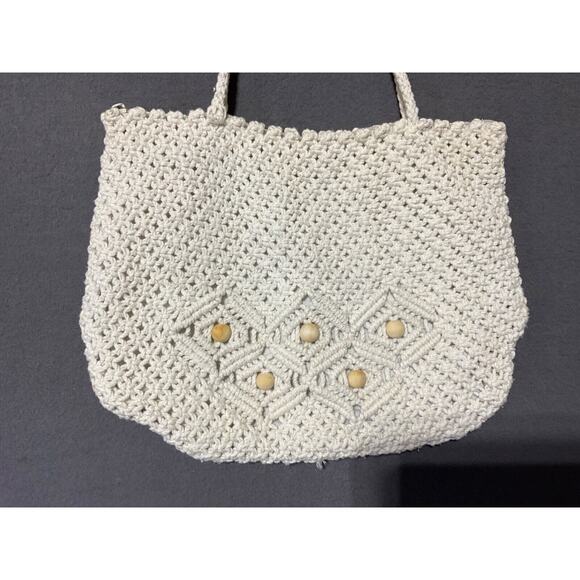 Unbranded Handbags - Vintage Crochet Knit Shoulder Bag Ivory Boho 13"W 10"H Wooden Beads Zip Closure